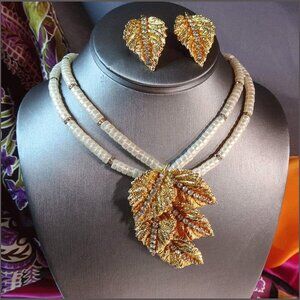 Signed Alice Caviness Gold RS Leaves Vintage Pearl Necklace Earring Set 14365